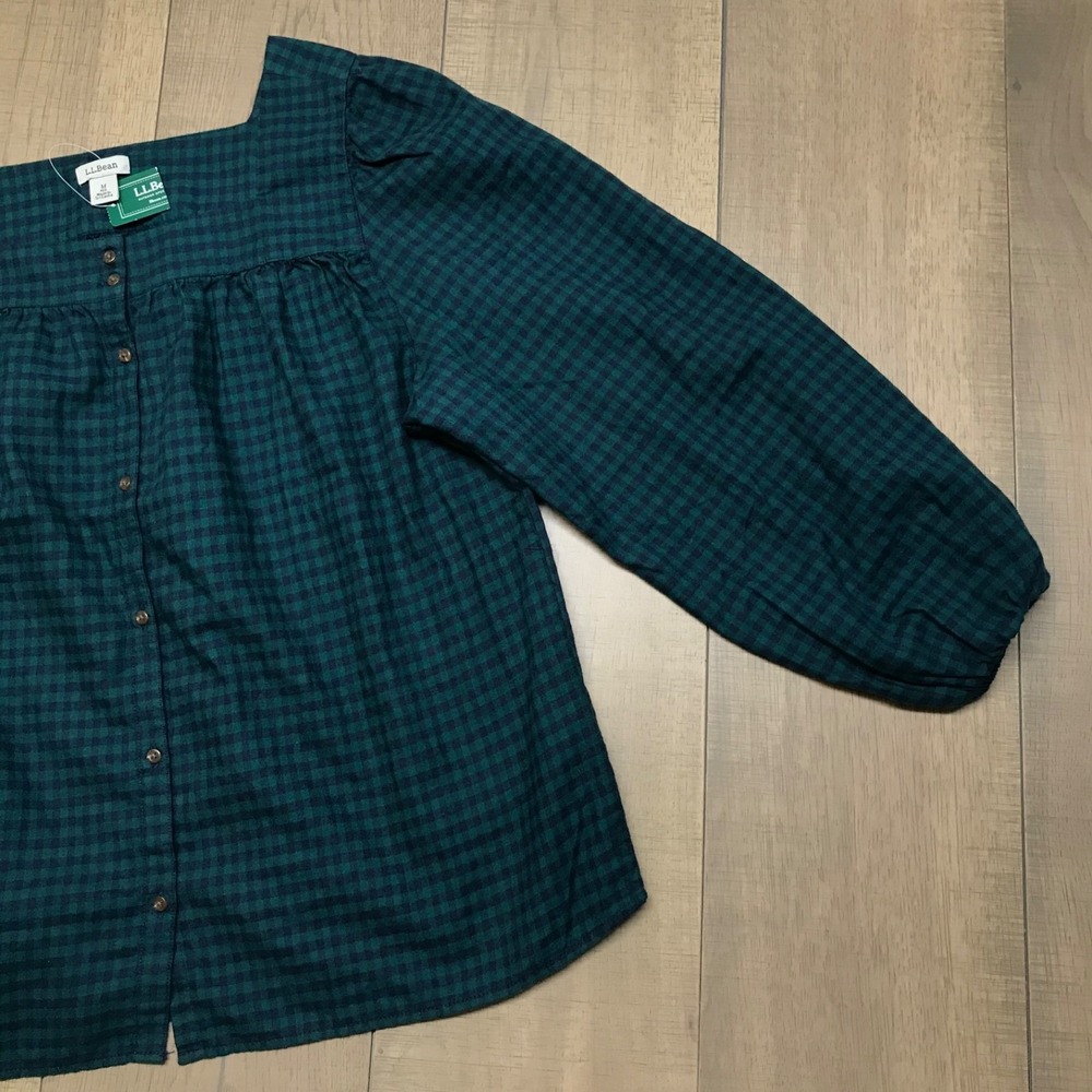 L.L. Bean Flannel Shirt Womens Size M Green Squareneck Top Whisperweight Cottage - Picture 6 of 11